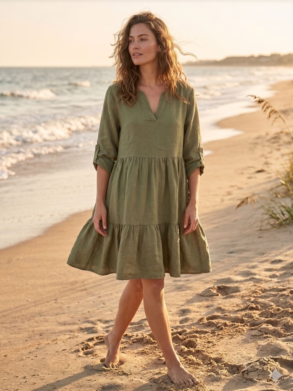 100% Linen Tiered V-Neck Dress